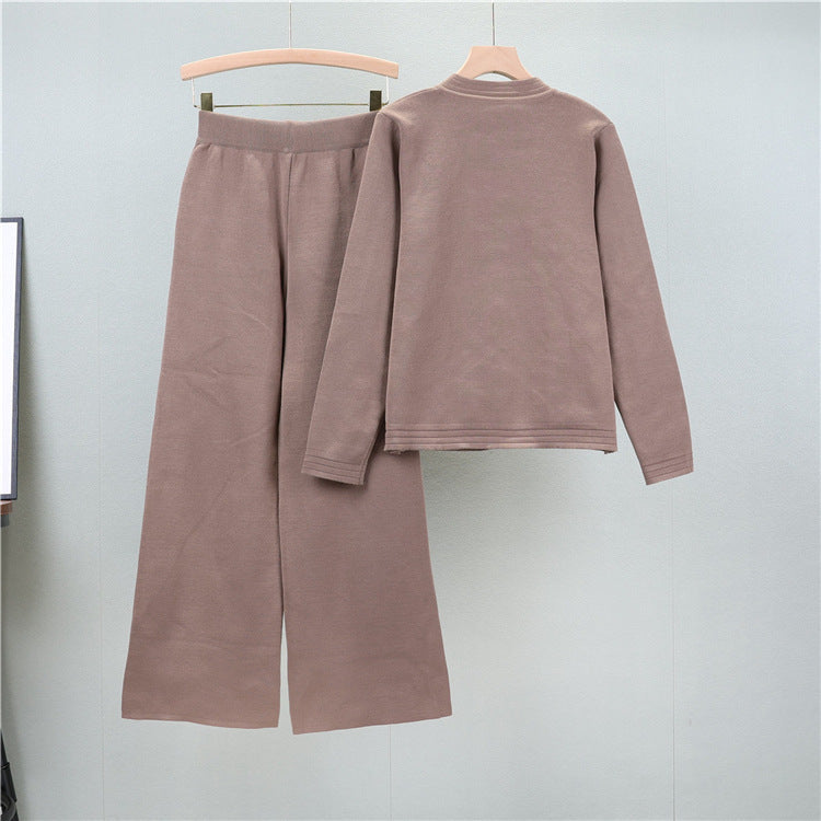 Khaki – Cardigan Top & Wide-Leg Pants Two Piece Set