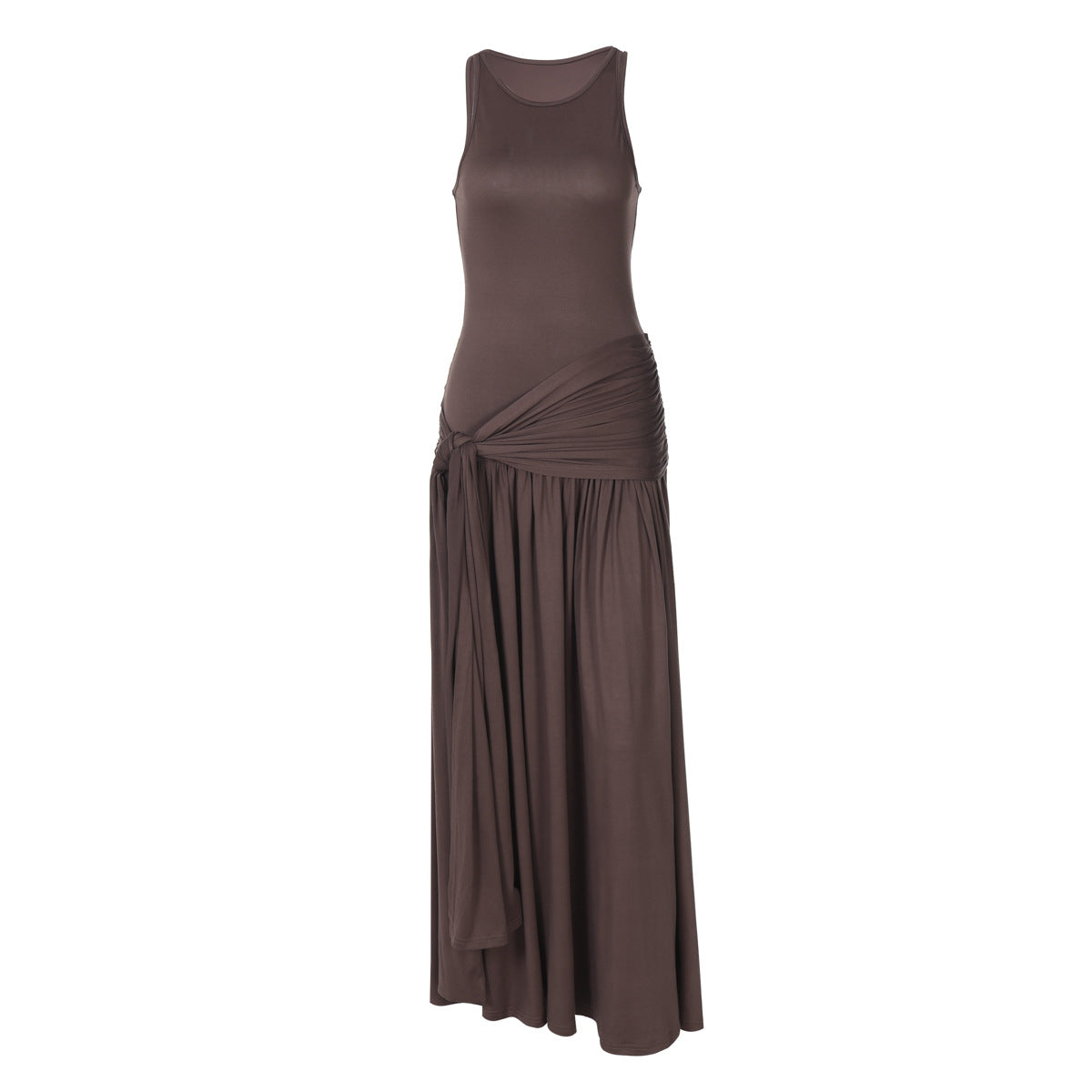 Sleeveless Round Neck Asymmetric Draped Sash Pleated Knit Maxi Dress