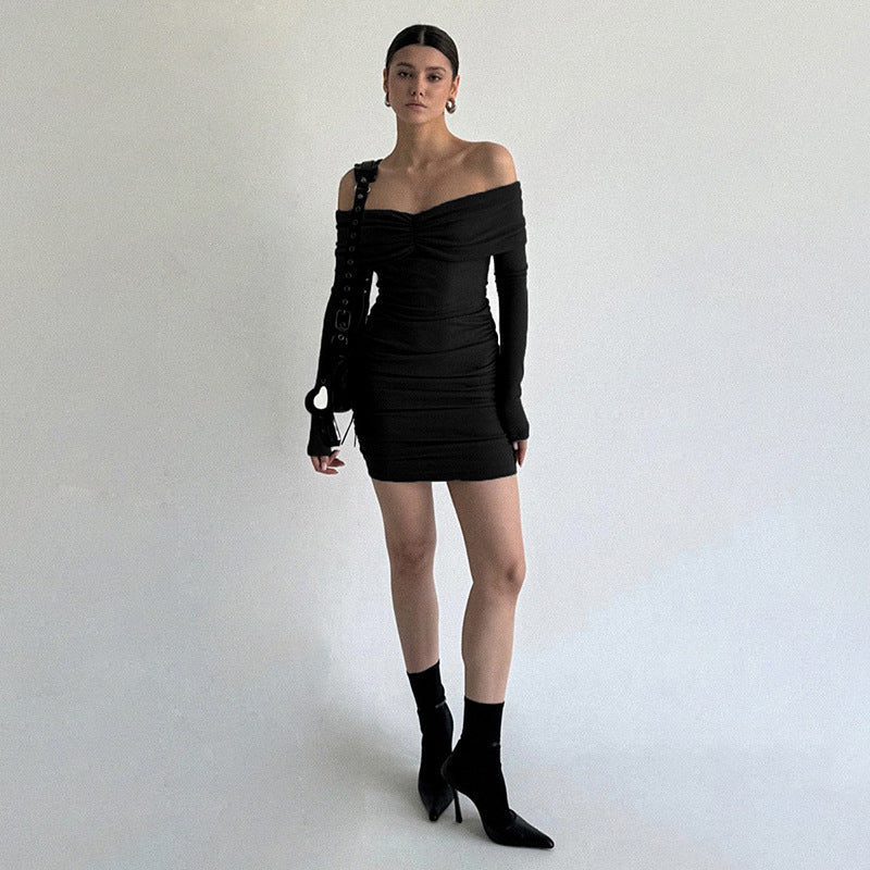 Off-Shoulder Ruched Gathered Bodice Long Sleeve Bodycon Mini Dress