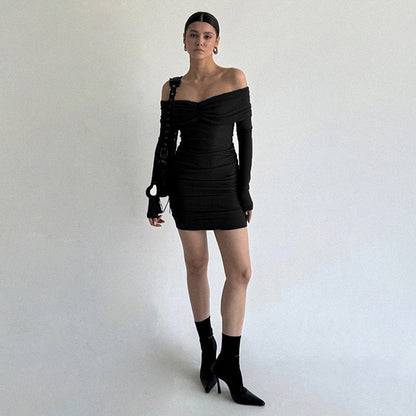 Off-Shoulder Ruched Gathered Bodice Long Sleeve Bodycon Mini Dress