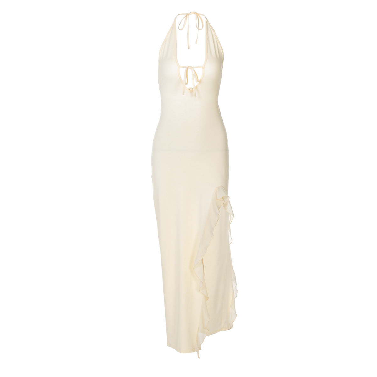 Halter Deep V Keyhole Tie Ruffle Slit Maxi Dress