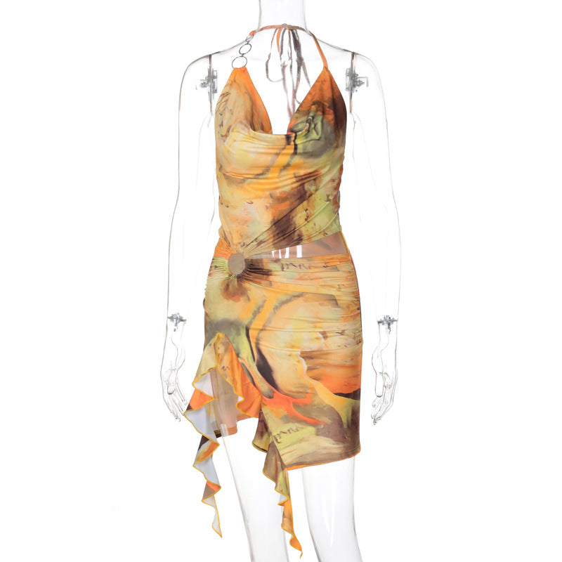 Halter Cowl Neck Mesh Abstract Print Ring Cutout Top and Mini Skirt Set