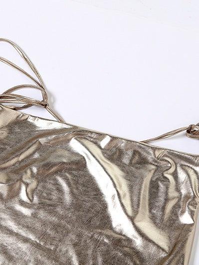 Metallic Coated Deep Neck Backless Evening Dress