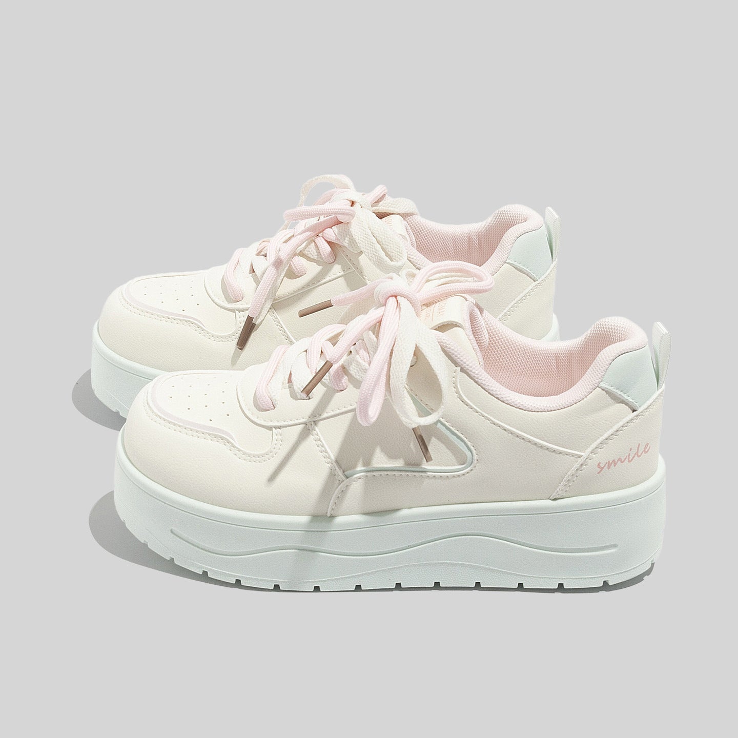 Women's Stylish Laced Up Beige Leather Sneakers With Platform Sole