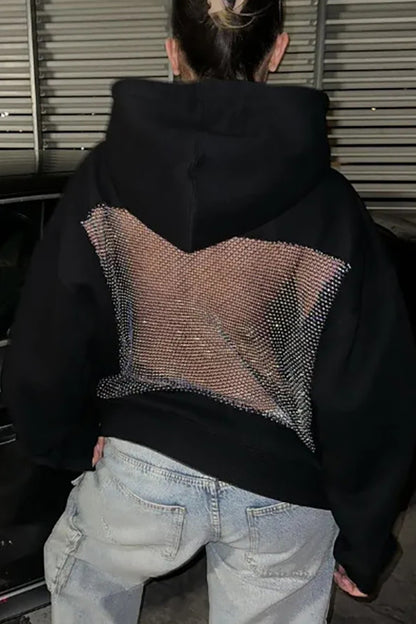 Fashionable Shiny Mesh Hollow Back Loose Long-sleeved Hooded Sweatshirt