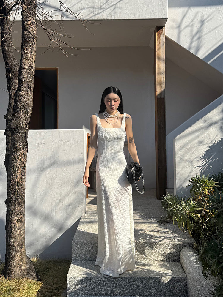 Pure Poise French Knit White Dress Elegant Square Neck Slimming Design