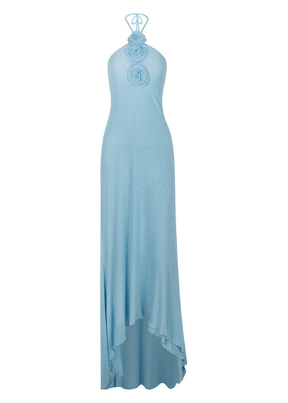 Azure Bloom – Halter Maxi Dress with Rosette Embellishments