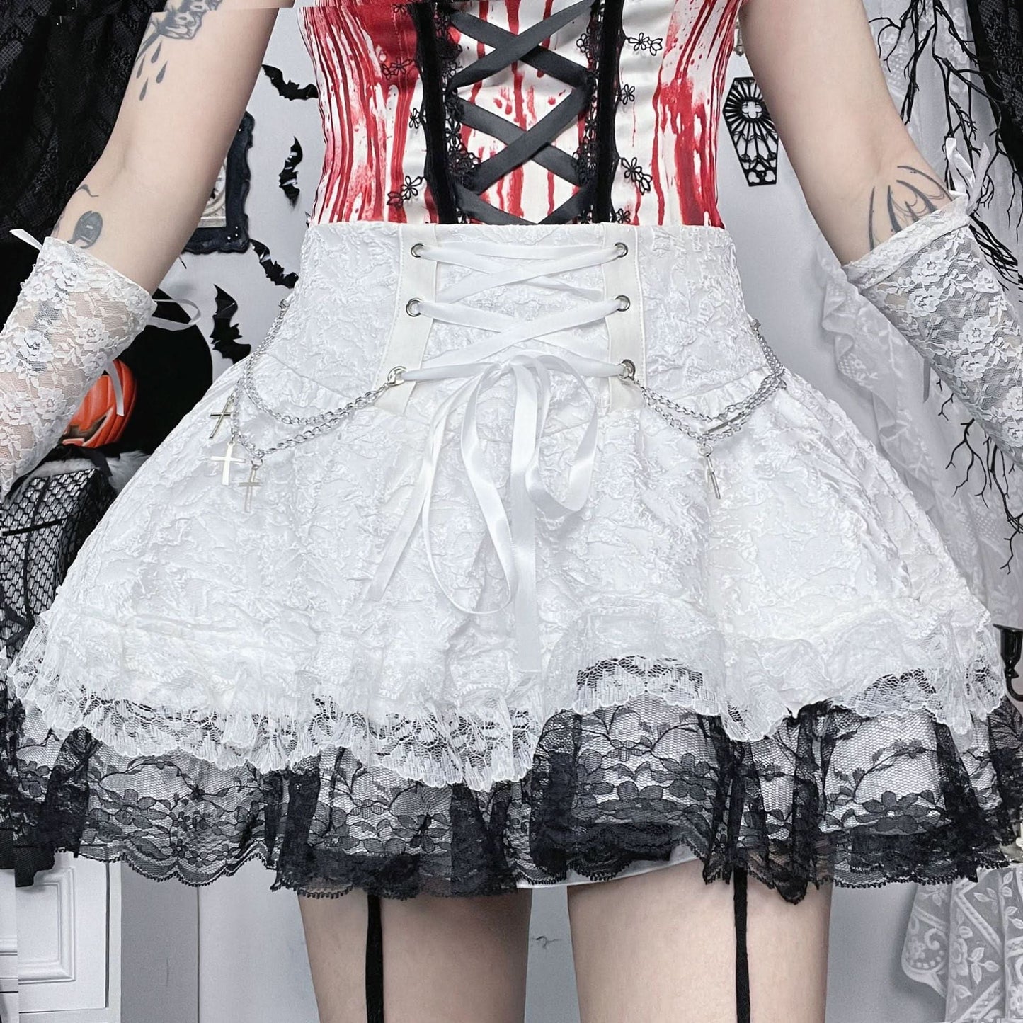 Lace up metal chain lace hem mini skirt