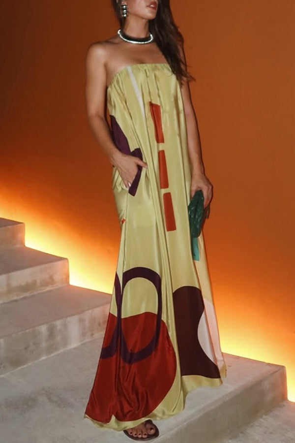 Miss Me Satin Unique Printed Off Shoulder Pocketed Loose Maxi Dress