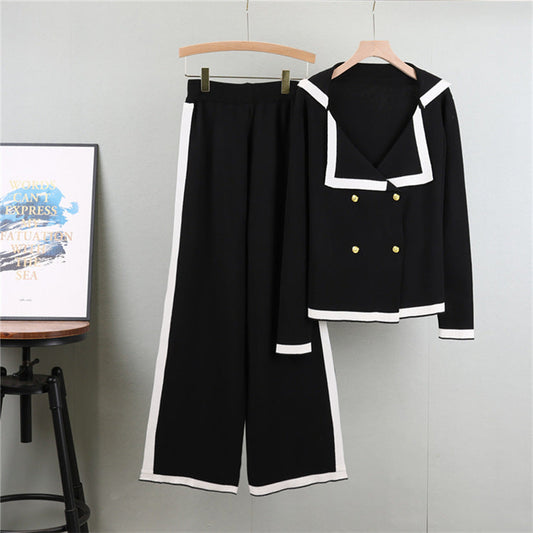 Black - Knitted Lapel Cardigan Two Piece Set