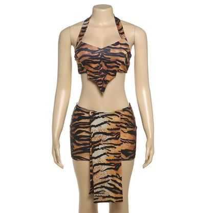 Halter tiger print crop mini skirt set