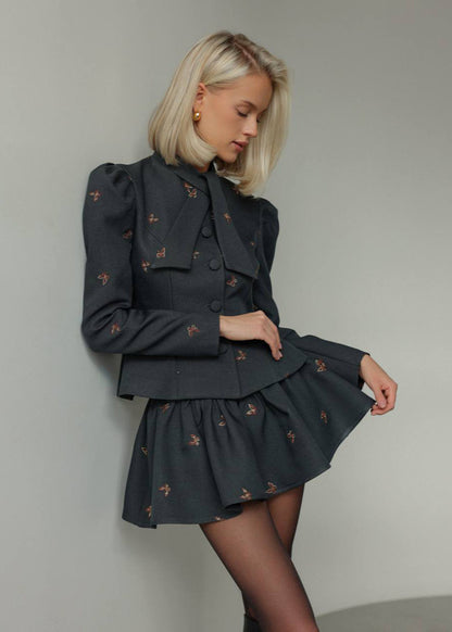 Embroidered Puff Sleeve Jacket and Skirt Set