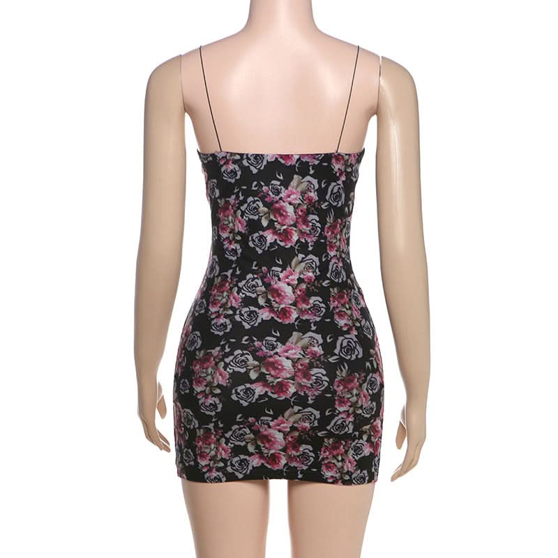 V neck lace flower print cami mini dress