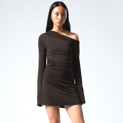 Print One-Shoulder Ruched Long Sleeve Bodycon Mini Dress