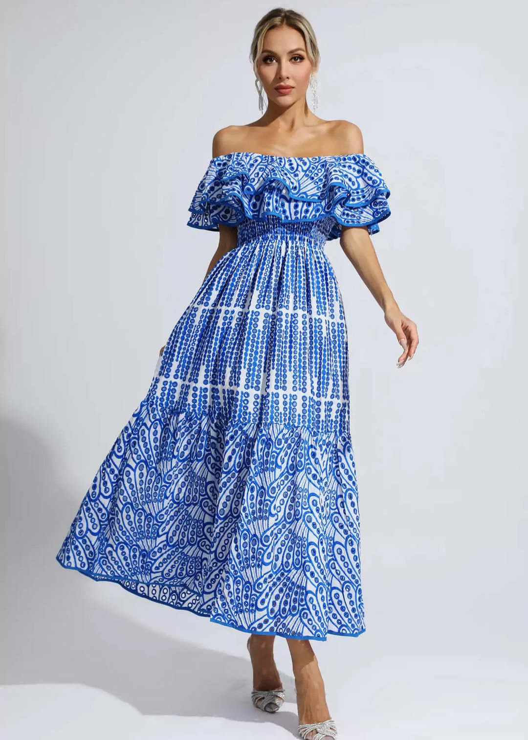 Marina Ruffle Off-Shoulder Dress – Blue EmbroideRed Boho Maxi