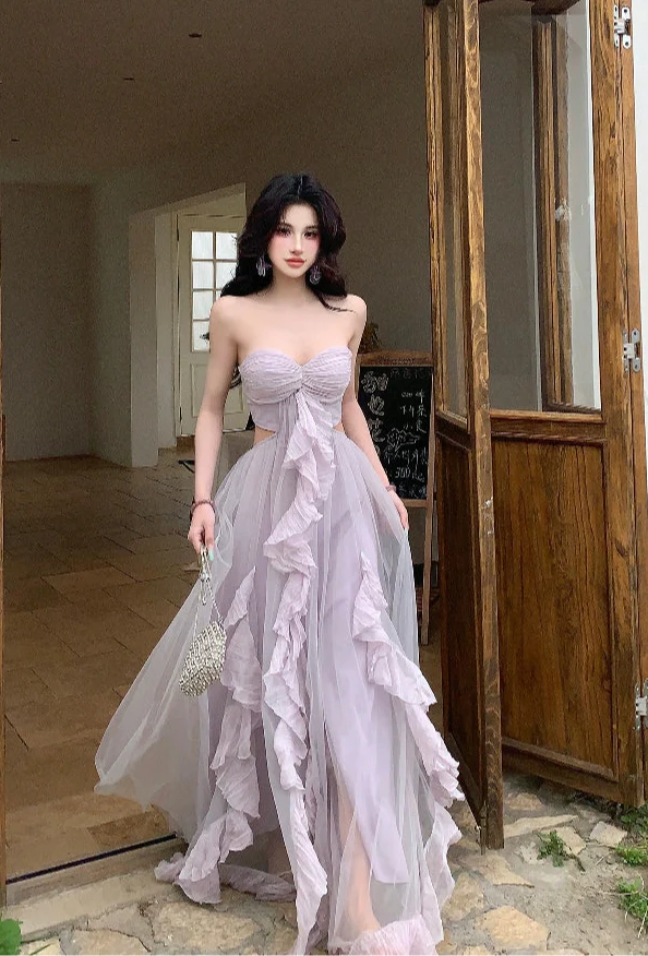 Women's Strapless Purple Tulle Maxi Dress Summer Beach Vacation Outfit