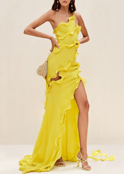 Solara – One-Shoulder Ruffle Slit Gown