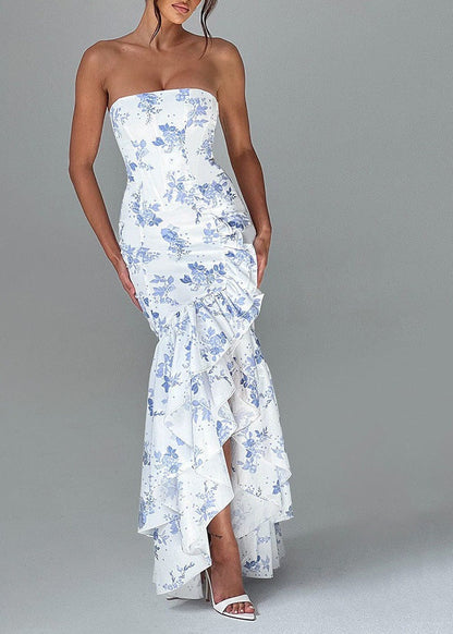 Floral Elegance - Strapless Ruffled Maxi Dress