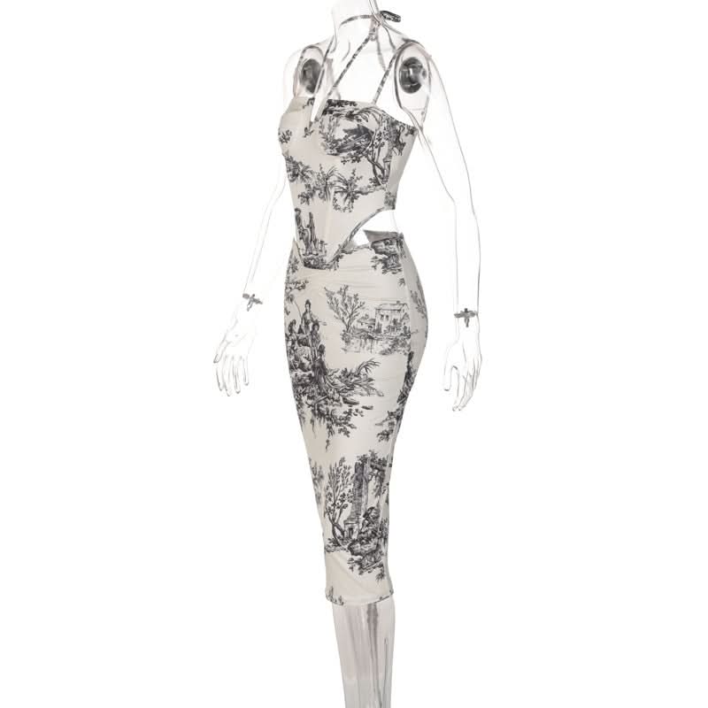 Self tie halter print ruched cami midi skirt set