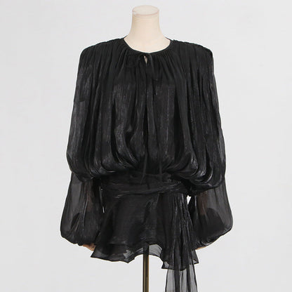 Puff Sleeve Lotus Leaf Skirt Early Pleated Design Short Mesh