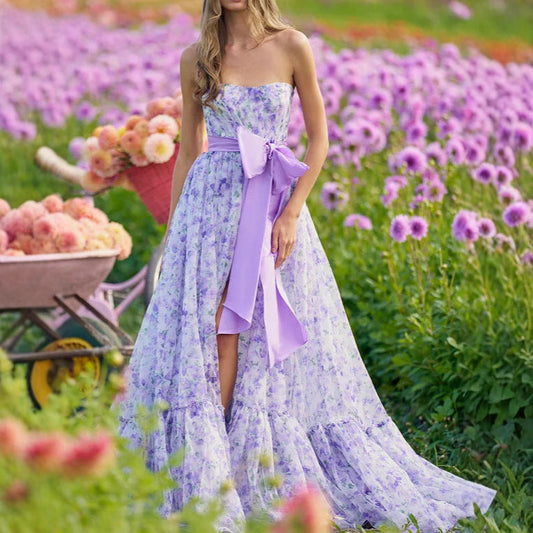 Floral Ruffle V-Neck High Hem Prom Dress