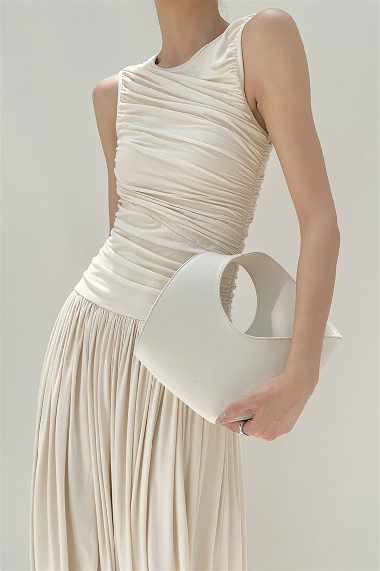 Quintina Round Neck Pleated Maxi Cotton Dress