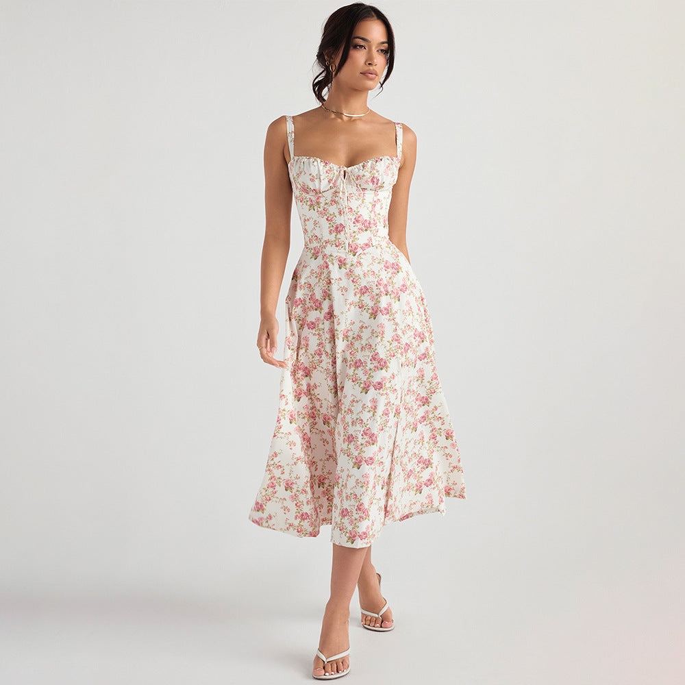 Floral Print Sweetheart Neck Tie Front Corset Bodice Fit And Flare Midi Dress
