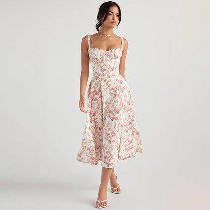 Floral Print Sweetheart Neck Tie Front Corset Bodice Fit And Flare Midi Dress