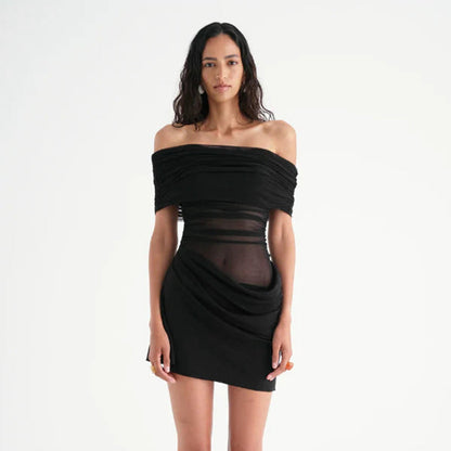 Mesh Stitching off Neck Transparent Slim Fit Sheath Dress