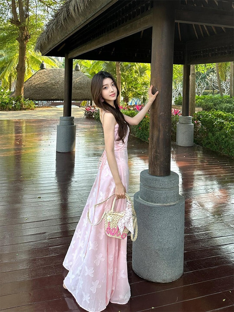 Pink Floral Jacquard Slip Dress Sexy Sheer Summer Holiday Dress
