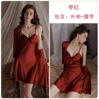 Silky Satin Sleepwear Set with Padded Bra Elegant Nightdress