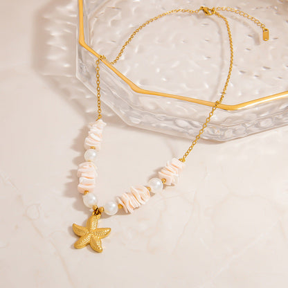 Stainless Steel Natural Stone Pearl Starfish Sun NeckLace