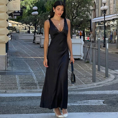 Satin Lace Spliced Maxi Dress