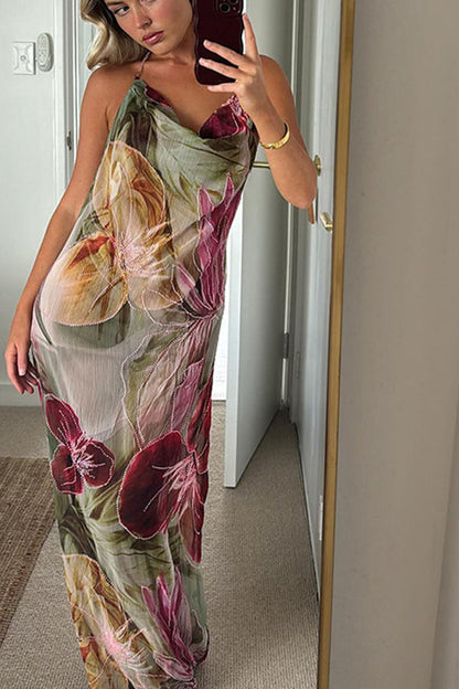 Floral Print Sexy Backless Slit See-Through Holiday Maxi Dress