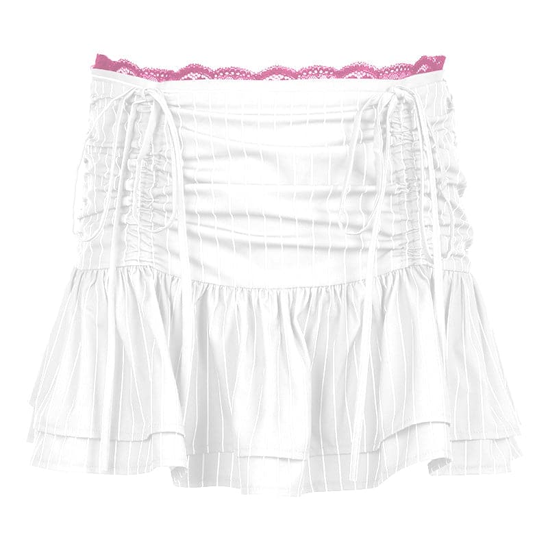 Drawstring ruched lace hem striped mini skirt