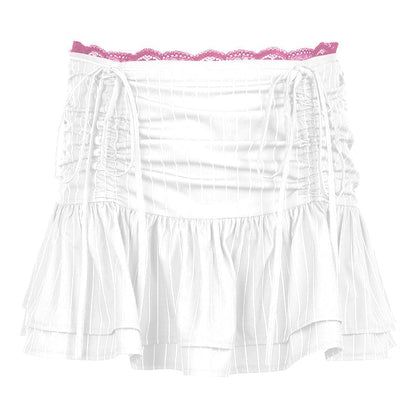 Drawstring ruched lace hem striped mini skirt