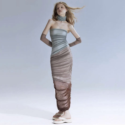 Strapless Ruched Mesh Diagonal Panel Choker Sleeve Accent Maxi Dress