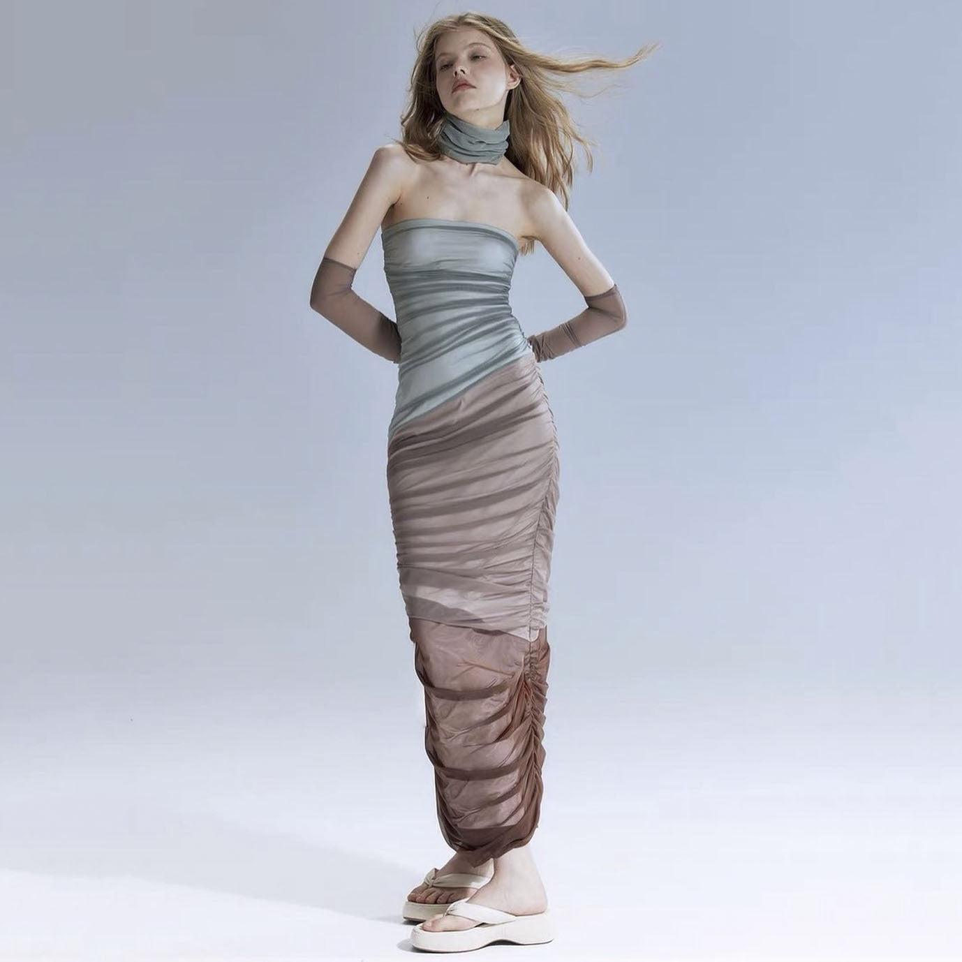Strapless Ruched Mesh Diagonal Panel Choker Sleeve Accent Maxi Dress