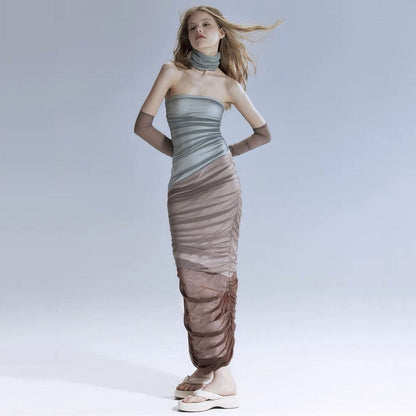Strapless Ruched Mesh Diagonal Panel Choker Sleeve Accent Maxi Dress