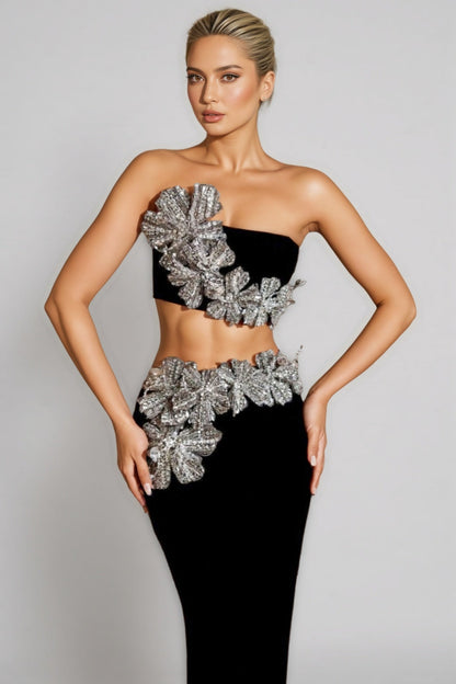 Elnia Diamanté Bustier Blouse Half Maxi Dress Set