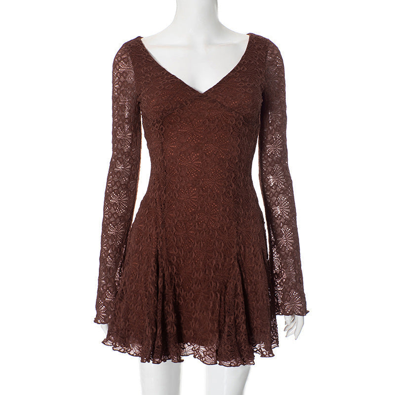 Floral Lace Plunging V-Neck Long Sleeve Fit and Flare Mini Dress