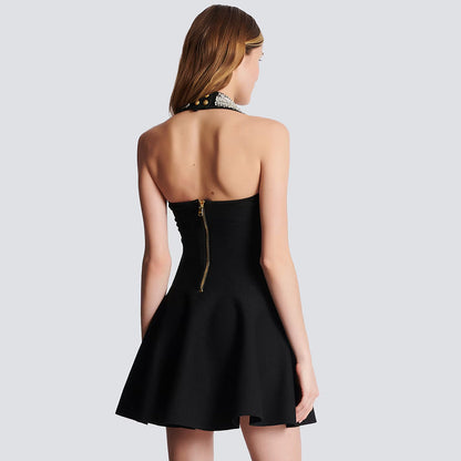 Crystal Embellished Halter Sweetheart Neck Button Front Fit and Flare Mini Dress
