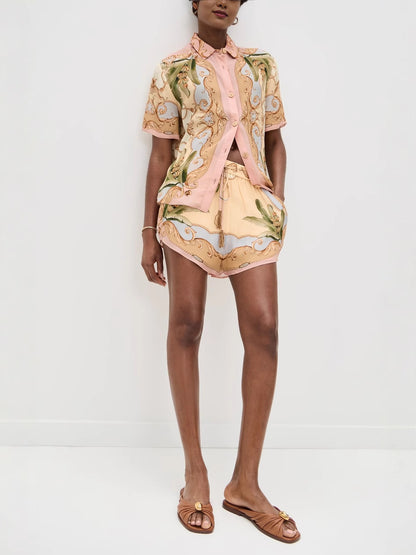 Royalty Unique Print Button Up Short Sleeve Shirt and Elastic Waist Pocketed Loose Shorts Set