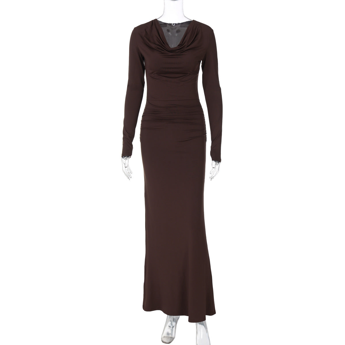 Cowl Neck Long Sleeve Ruched Waist Column Maxi Gown