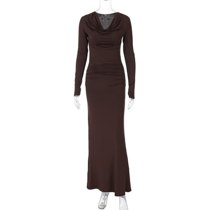 Cowl Neck Long Sleeve Ruched Waist Column Maxi Gown