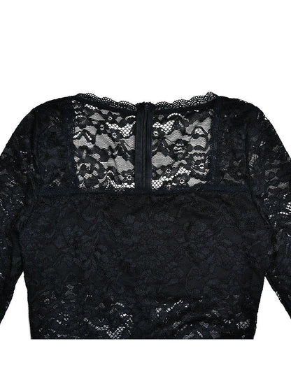 Lace Stitching See through Long Sleeve Square Neck Sheath Dress