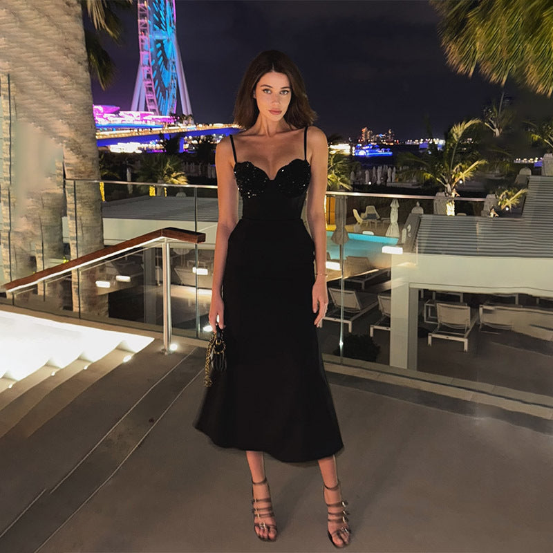 Sweetheart Neck Spaghetti Strap Sequin Embellished Waist Fitted Midi Dress