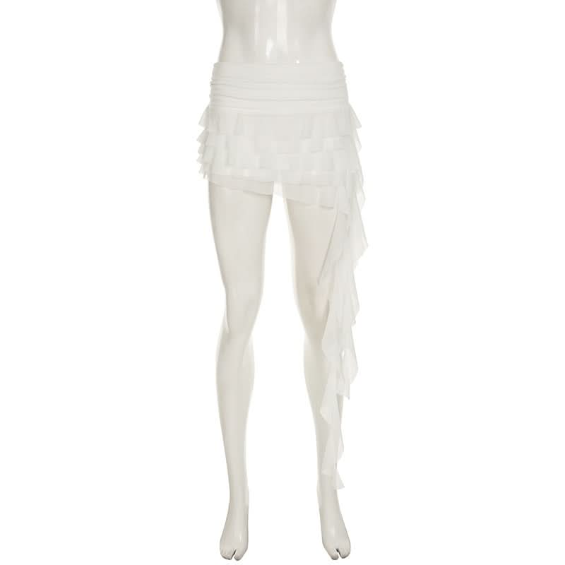 Mesh ruffle irregular mini skirt