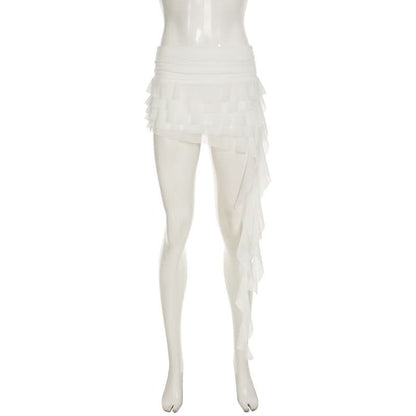 Mesh ruffle irregular mini skirt