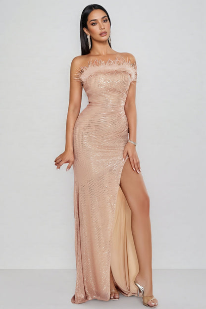 Kylark Strapless Glitter Slit Maxi Dress